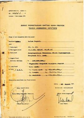 Surat persetujuan Daftar Isian Proyek Tahun Anggaran 1977 / 1978 proyek penyempumaan prasarana fi...