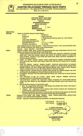 Berkas Izin Mendirikan Bangunan An. Rousmiyati, 1 pintu ruko permanent 2 lantai Jl. Sisingamangar...