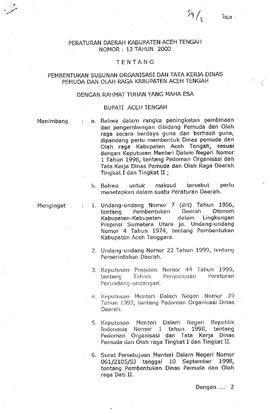 Perda Kabupaten Aceh Tengah Tentang Pembentukan Organisasi Tata Kerja Dinas Pemuda dan Olahraga K...