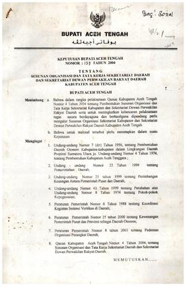 Keputusan Bupati Aceh Tengah Tentang Susunan Organisasi dan Tata Kerja Sekretariat Daerah dan Sek...