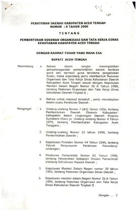 Perda Kabupaten Aceh Tengah Tentang Pembentukan Organisasi Tata Kerja Dinas Kehutanan Kabupaten A...
