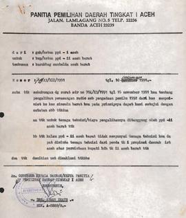 Surat-Surat yang berhubungan dengan Sarana Pemilu di Lingkungan LPU Daerah Istimewa Aceh Tahun 19...